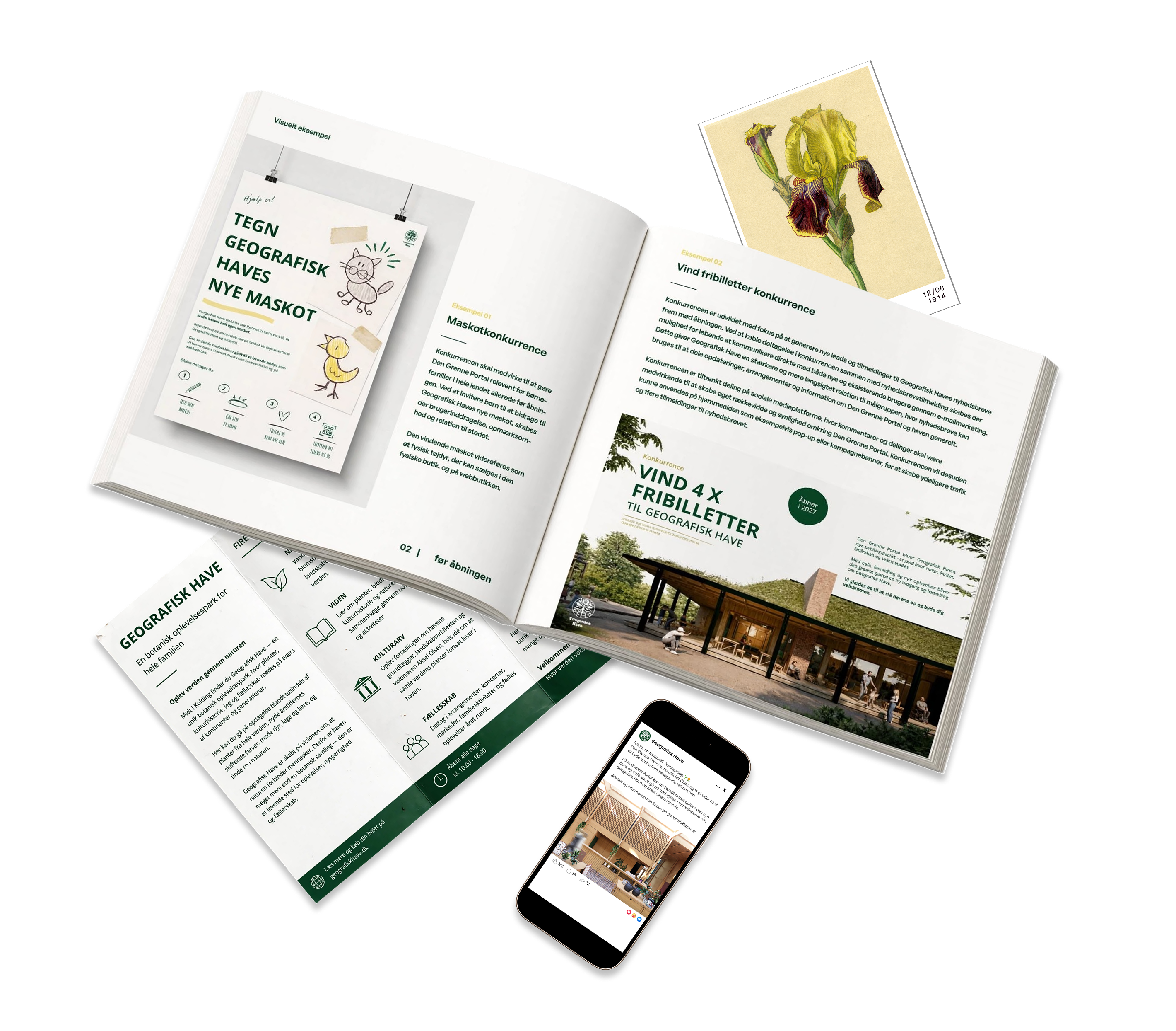 Geografisk Have campaign materials displayed across printed brochures, botanical cards, and a mobile phone
