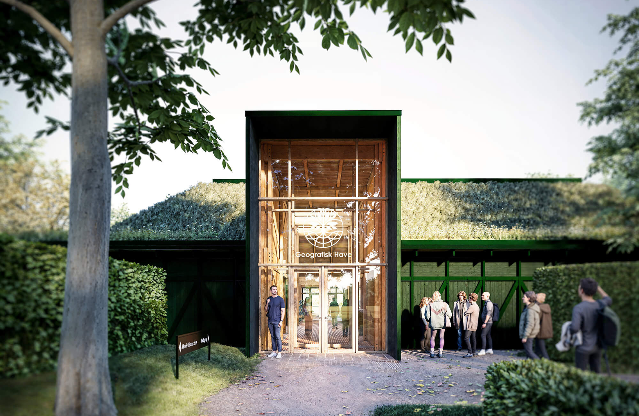 Architectural visualization of Den Grønne Portal, the new entryway building for Geografisk Have